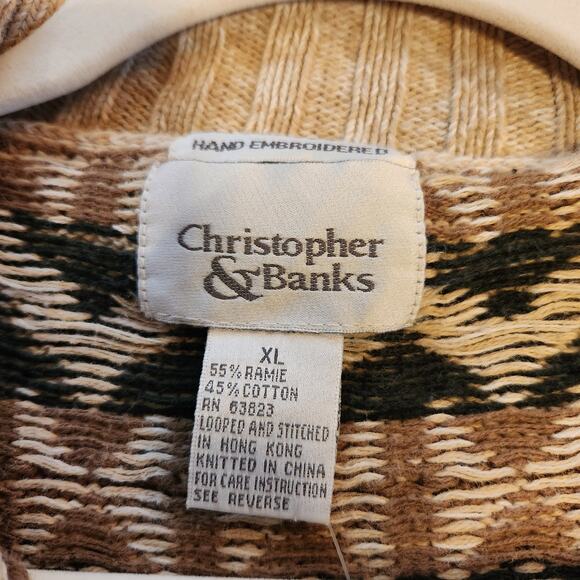 Vintage 90s Christopher & Banks Tan Green Southwestern Knit Quarter Zip Sweater - Picture 7 of 10